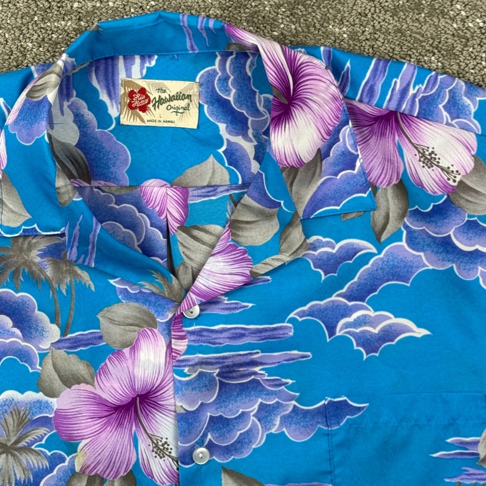 Hilo Hattie Shirt Mens L Blue Hibiscus Floral Made in Hawaii Aloha Camp Summer
